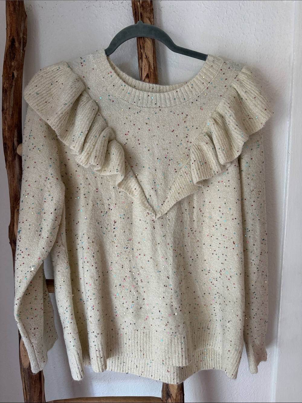 LC Lauren Conrad Cream Ruffle Crewneck Party Sweater with Multicolor Sequins XL